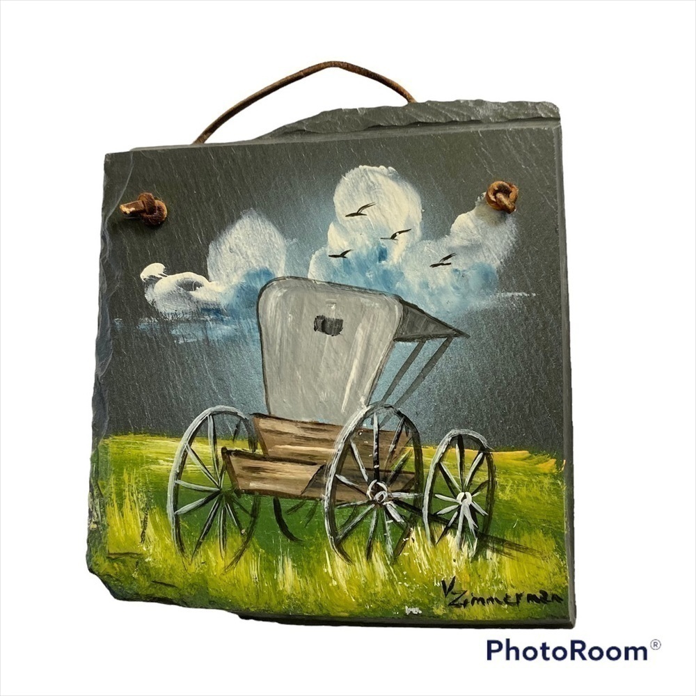 Carriage Hand Painted Slate Hanging Decoration Home Decor Amish Country